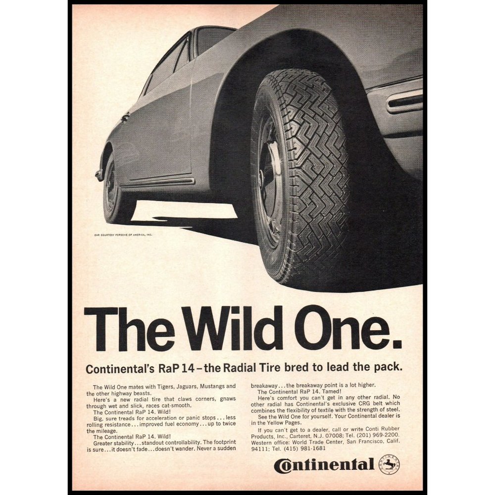 1967 Continental RaP-14 Radial Tire on Porsche 912 Vintage Print Ad Wall Art
